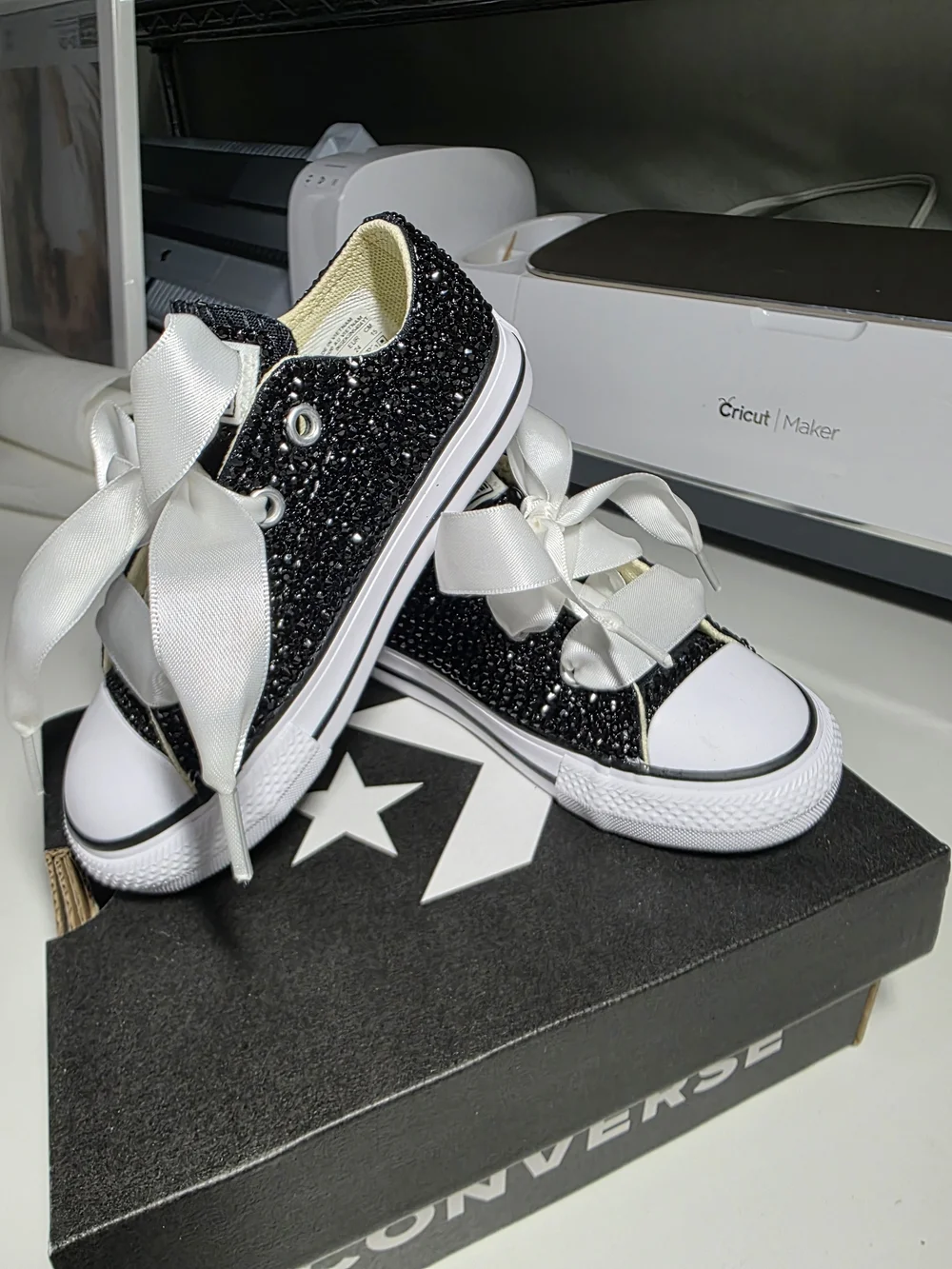 Converse Kids' Black Gem Bling Low Top Sneakers with White Satin Laces